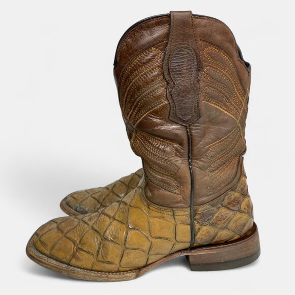 Reywelt Leather Square Toe Pirarucu Fish Pattern Western Cowboy Boots Men's 7.5 - Picture 7 of 13